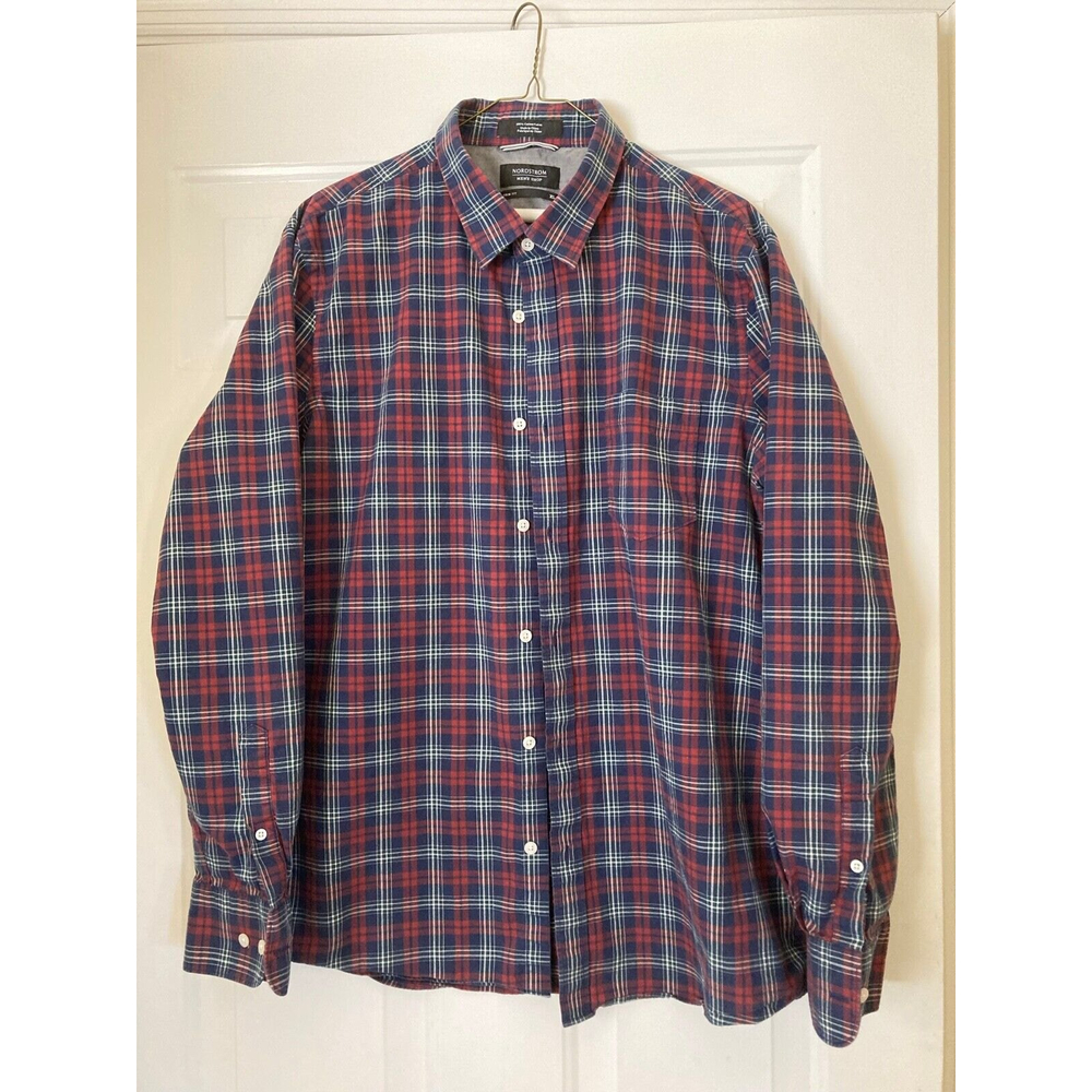 Nordstrom Men's Shop Trim Fit XL 100% Cotton Button Down Dress Shirt Plaid